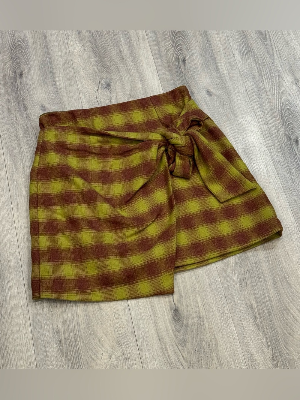 Wilfred Olive & Brown Plaid Tie-Waist Asymmetrical Wool & Cashmere Blend Skirt